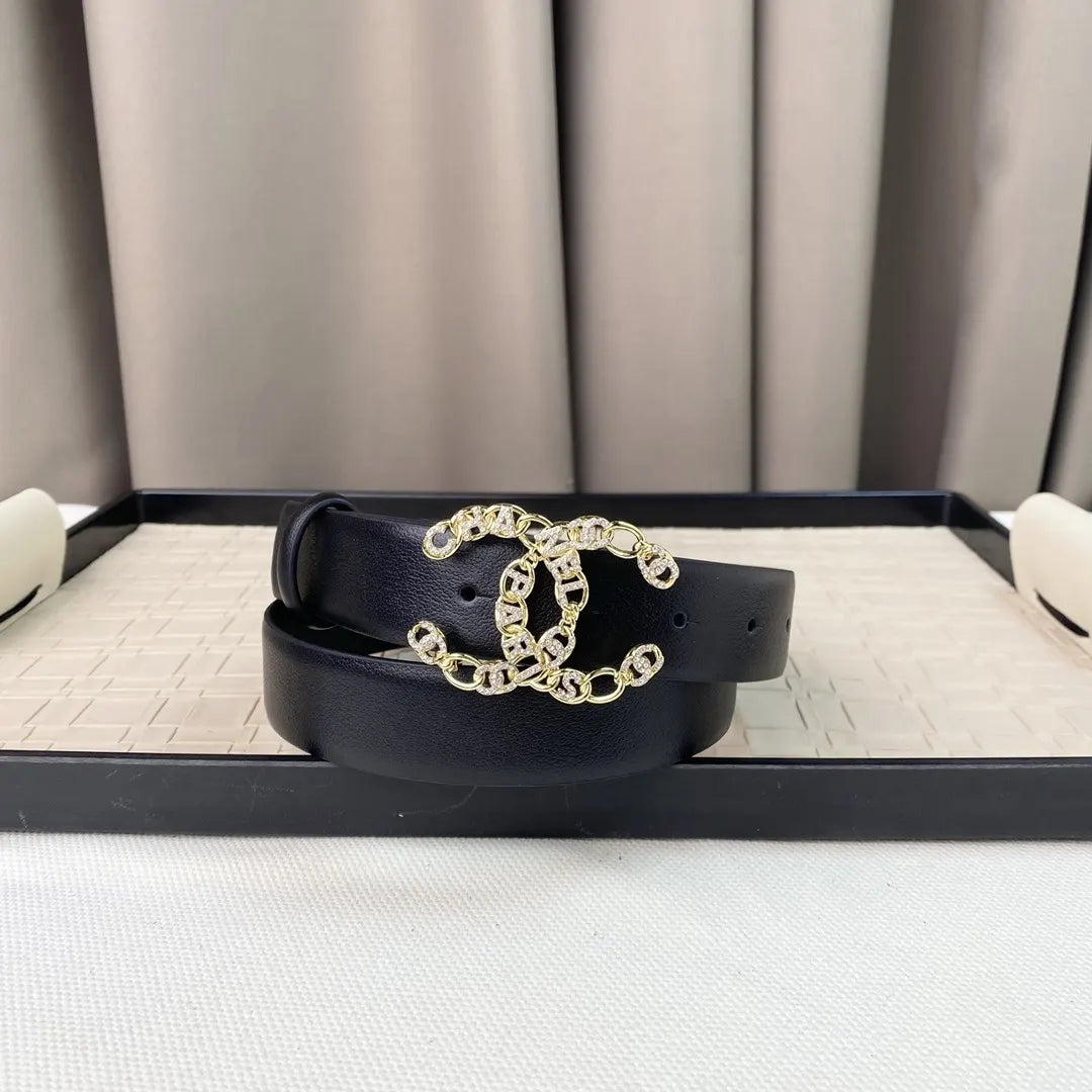 gold Chanel Black Leather Chain CC Belt - Hình 3