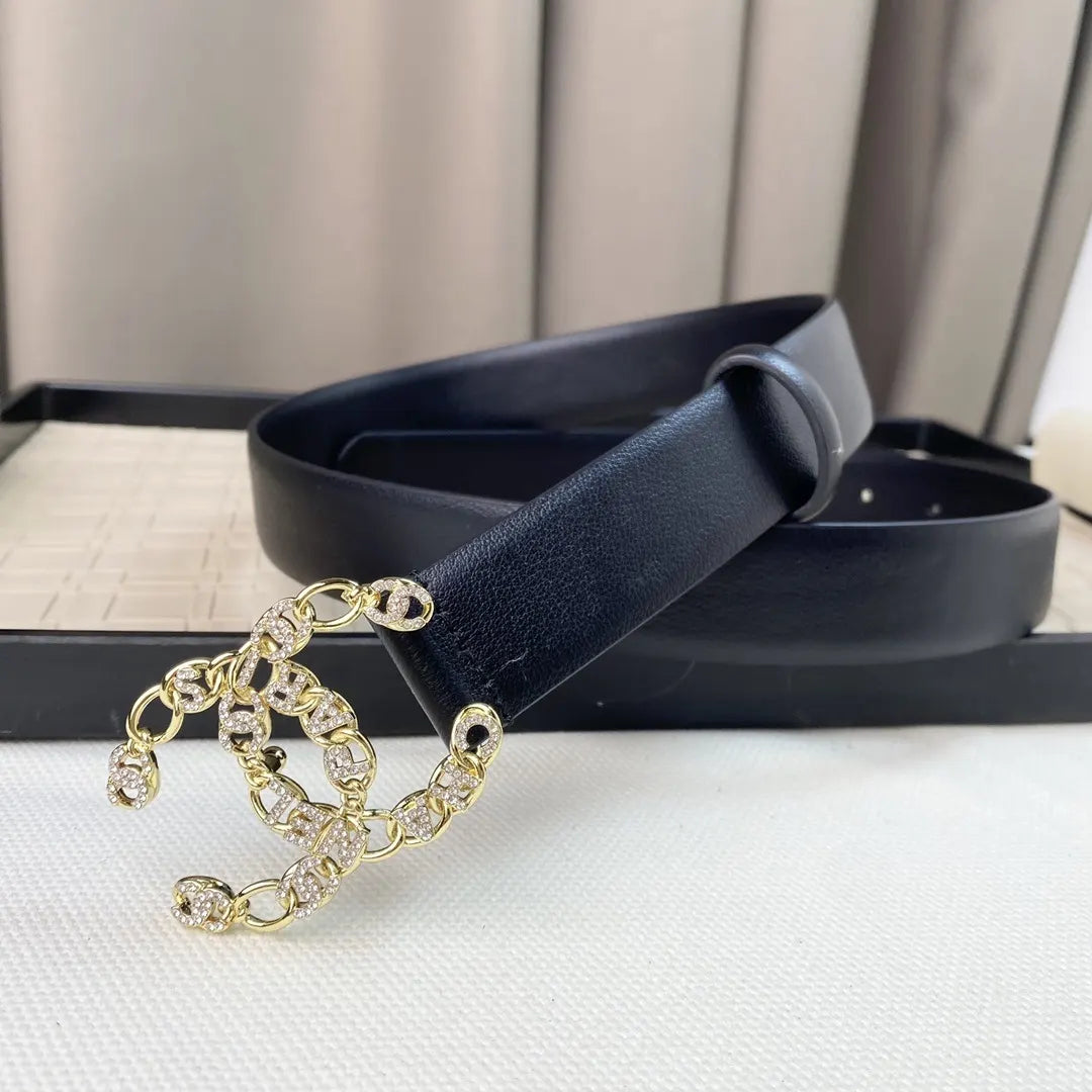 gold Chanel Black Leather Chain CC Belt - Hình 5