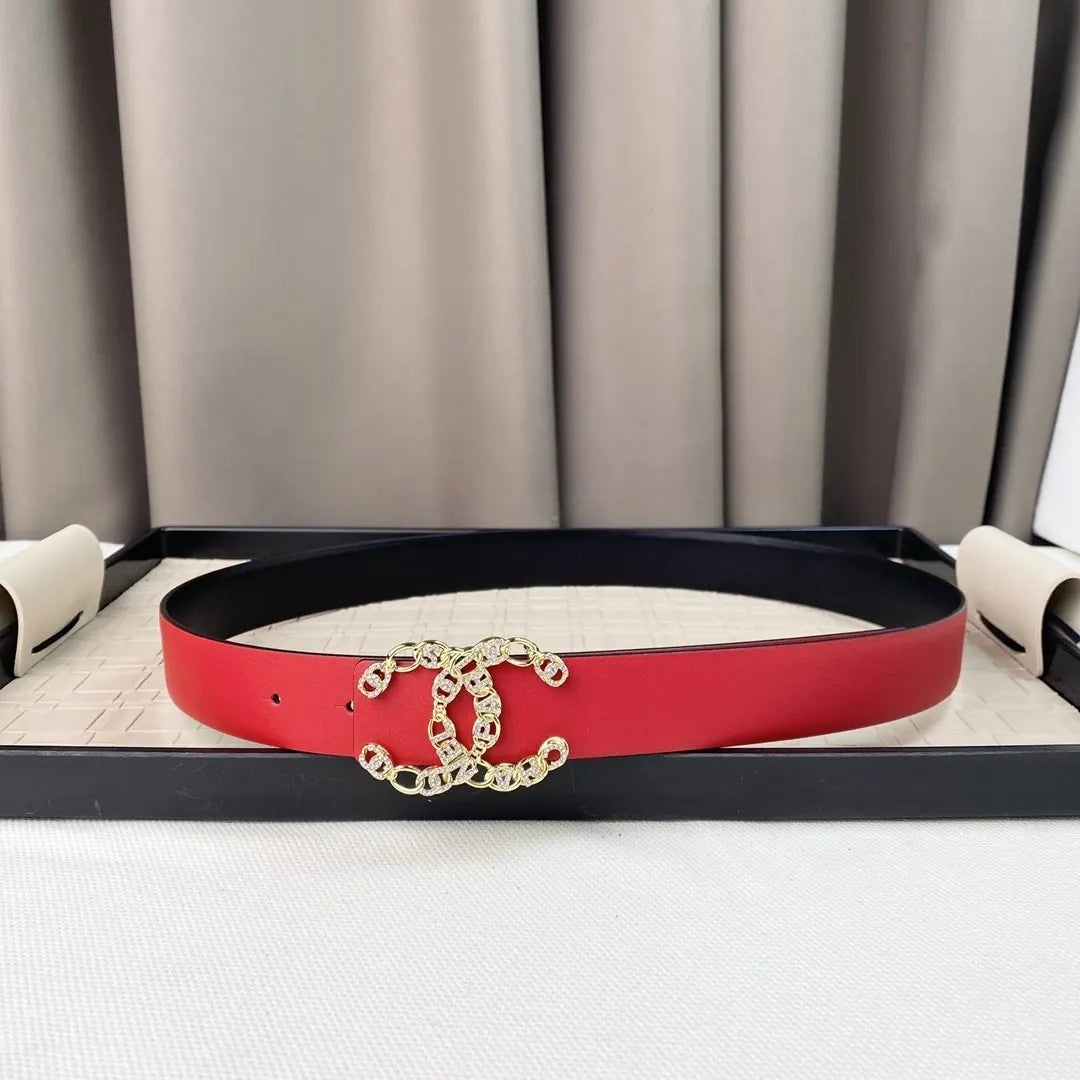 crystal chain Chanel Red Leather Belt