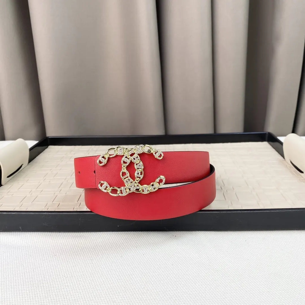 crystal chain Chanel Red Leather Belt - Hình 3