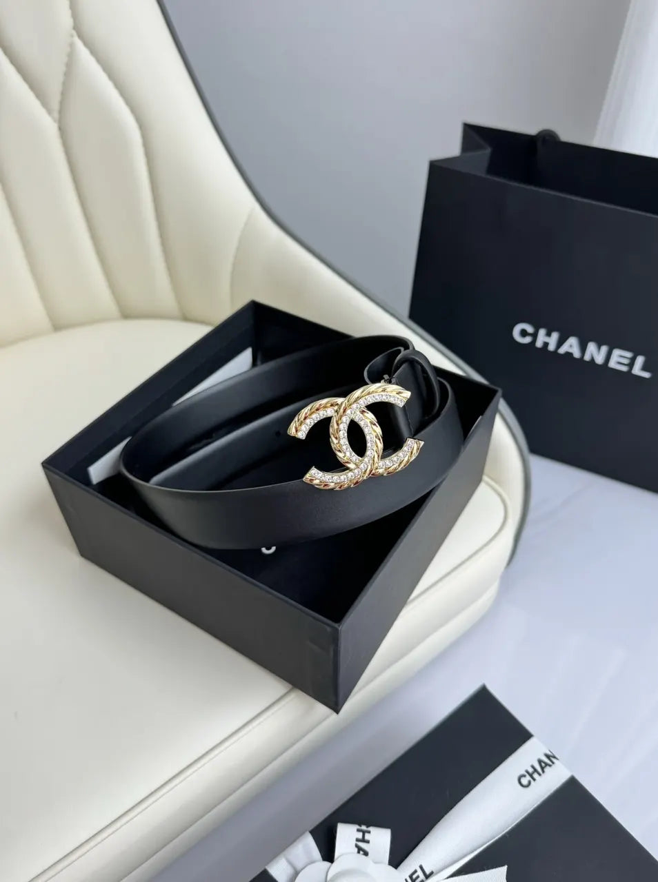 leather buckle Chanel Crystal CC Black Belt