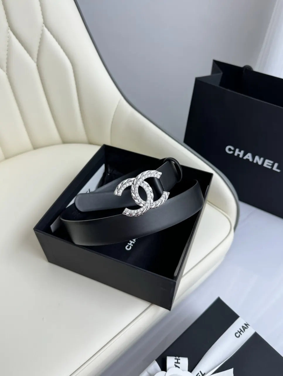 Chanel Black Leather Belt Silver Crystal