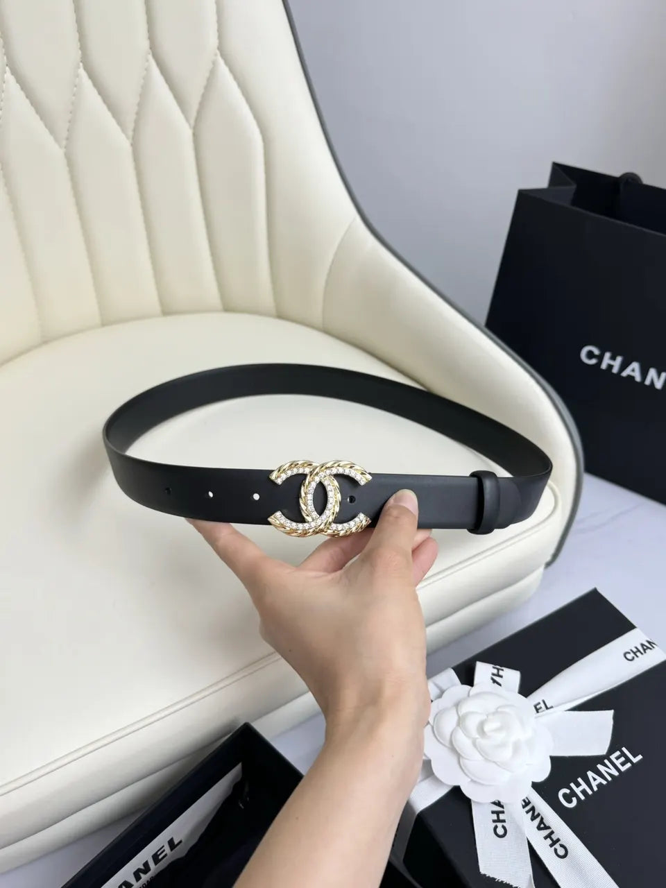leather buckle Chanel Crystal CC Black Belt - Hình 6