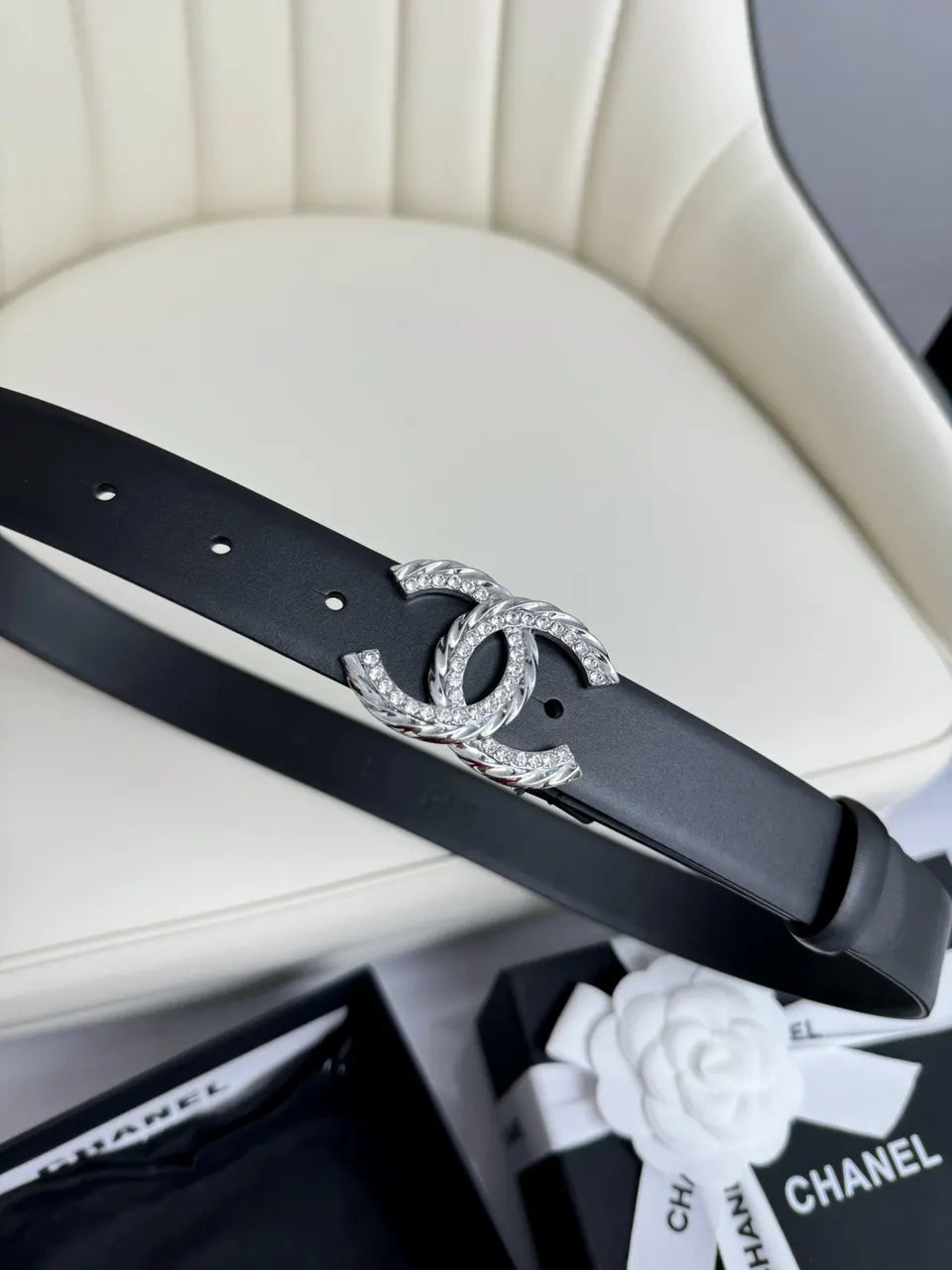 Chanel Black Leather Belt Silver Crystal - Hình 5