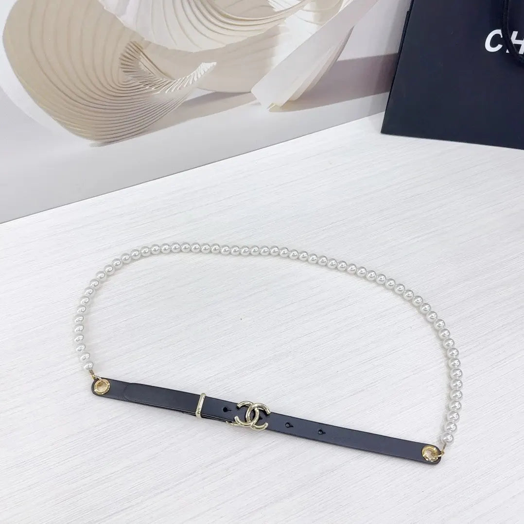 Chanel Pearl Black Leather Belt