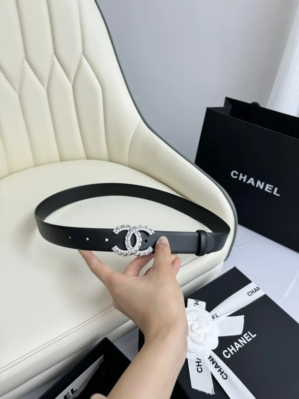 Chanel Black Leather Belt Silver Crystal - Hình 6