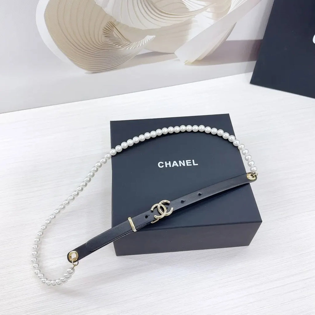 Chanel Pearl Black Leather Belt - Hình 2