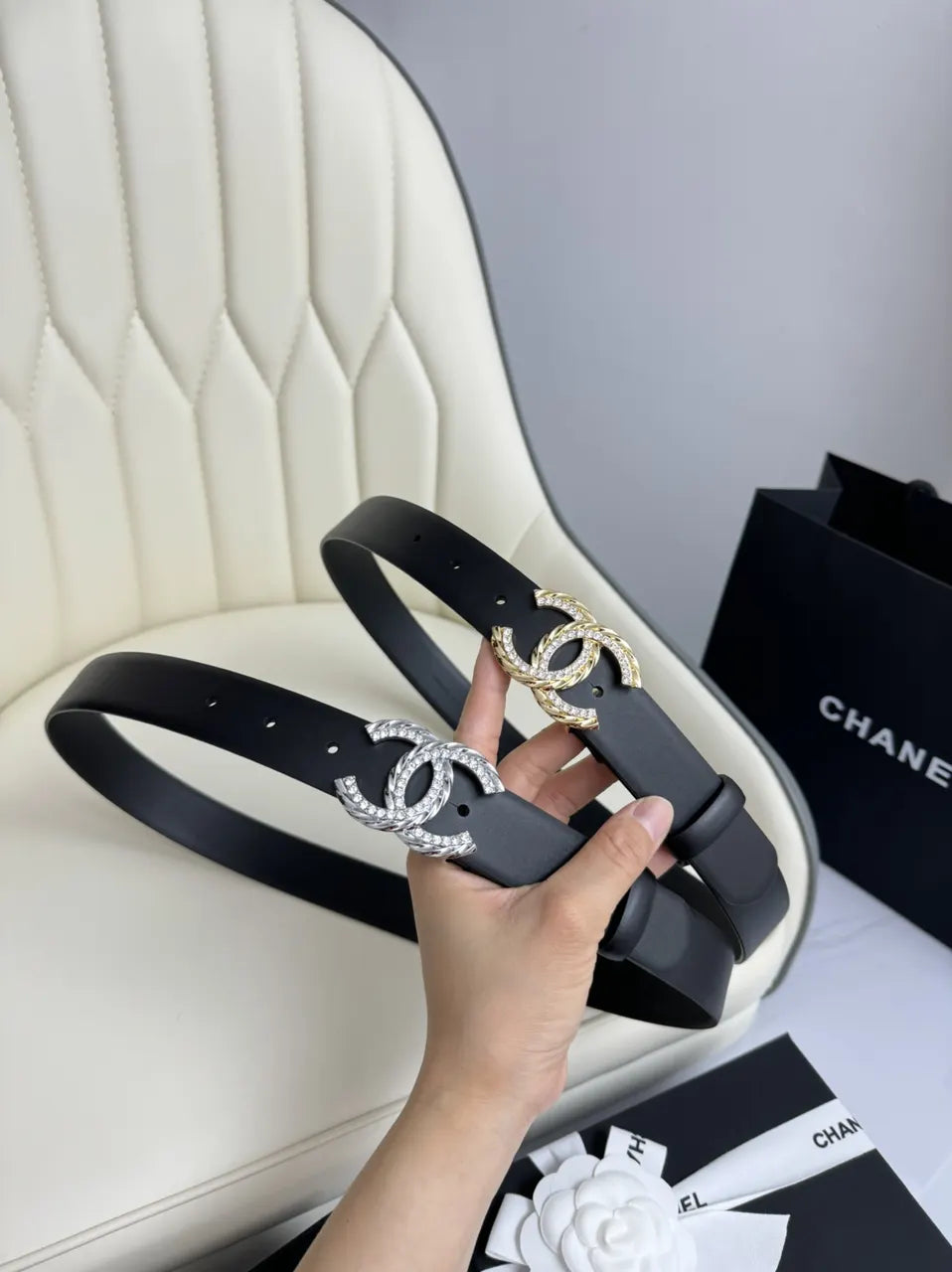 Chanel Black Leather Belt Silver Crystal - Hình 7