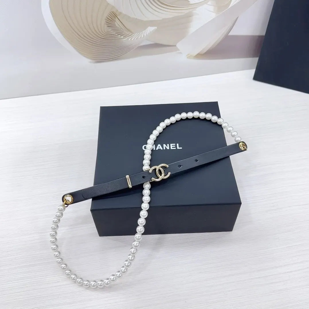 Chanel Pearl Black Leather Belt - Hình 3