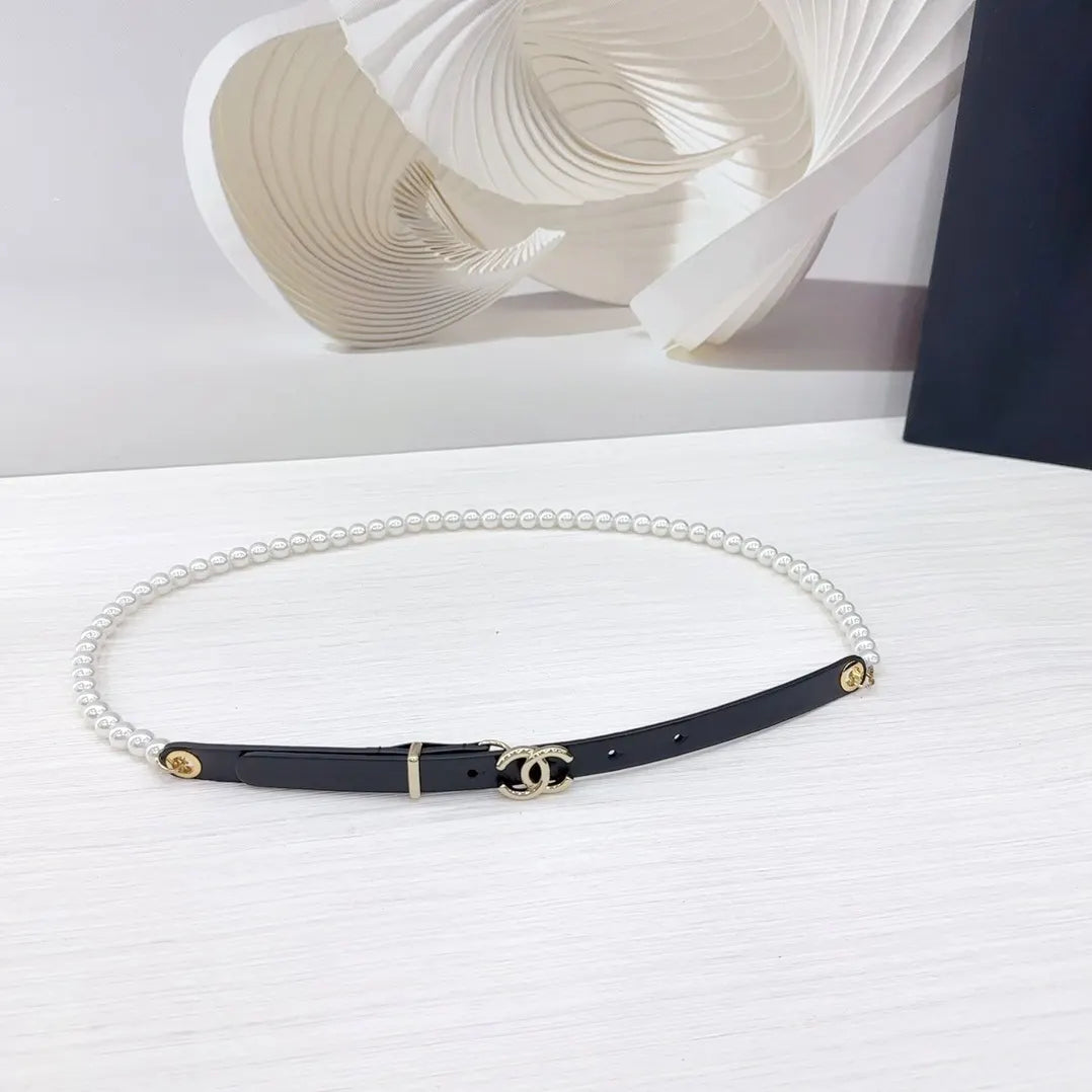 Chanel Pearl Black Leather Belt - Hình 4