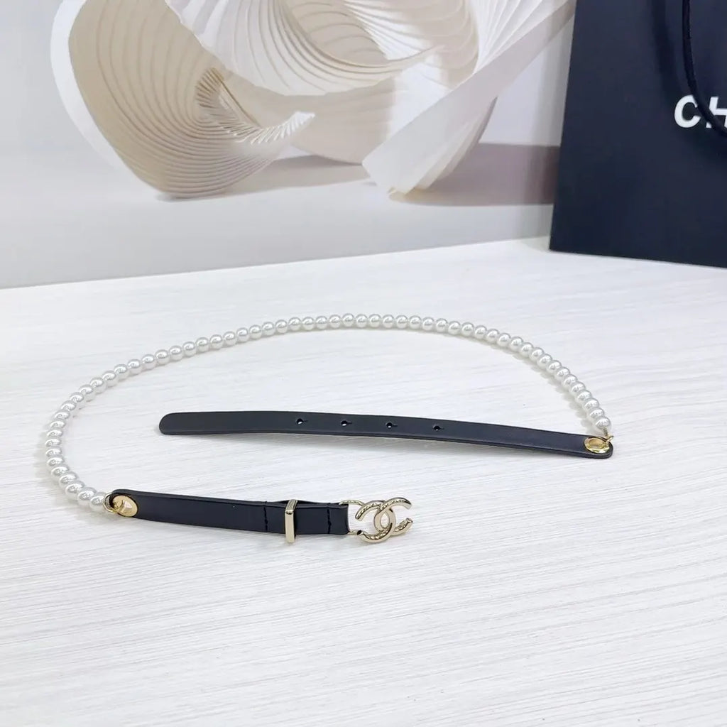 Chanel Pearl Black Leather Belt - Hình 5