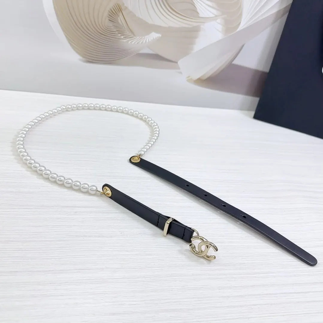 Chanel Pearl Black Leather Belt - Hình 6