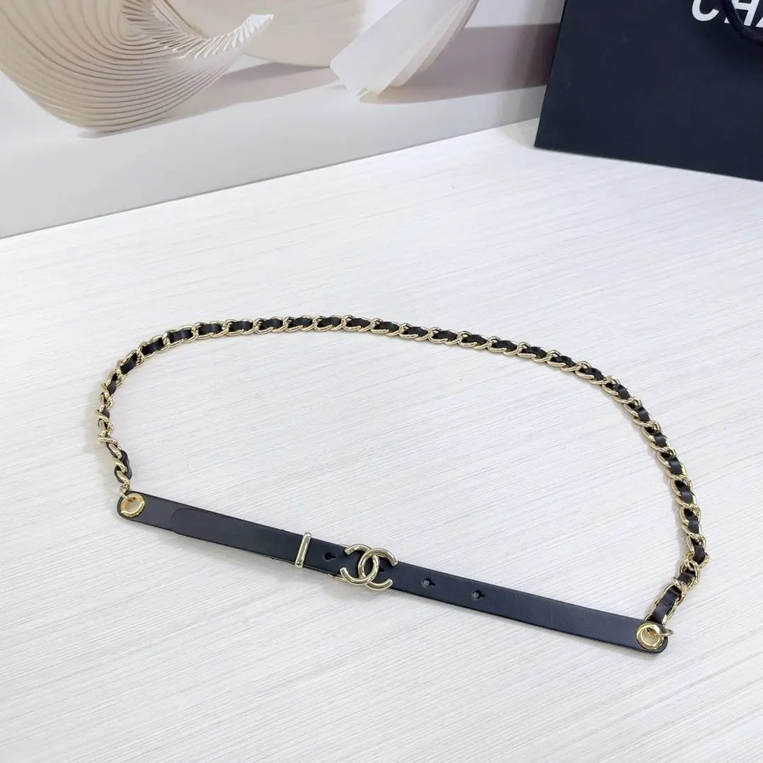 gold Chanel Black Leather Chain Belt