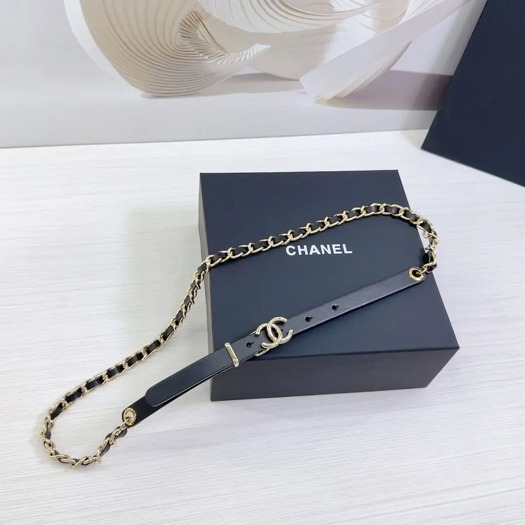 gold Chanel Black Leather Chain Belt - Hình 2