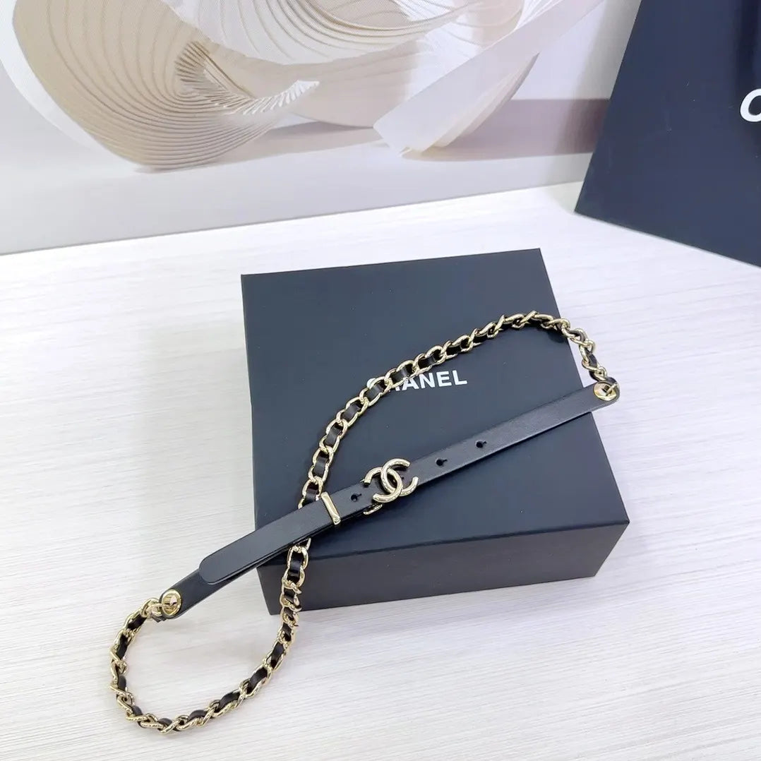 gold Chanel Black Leather Chain Belt - Hình 3