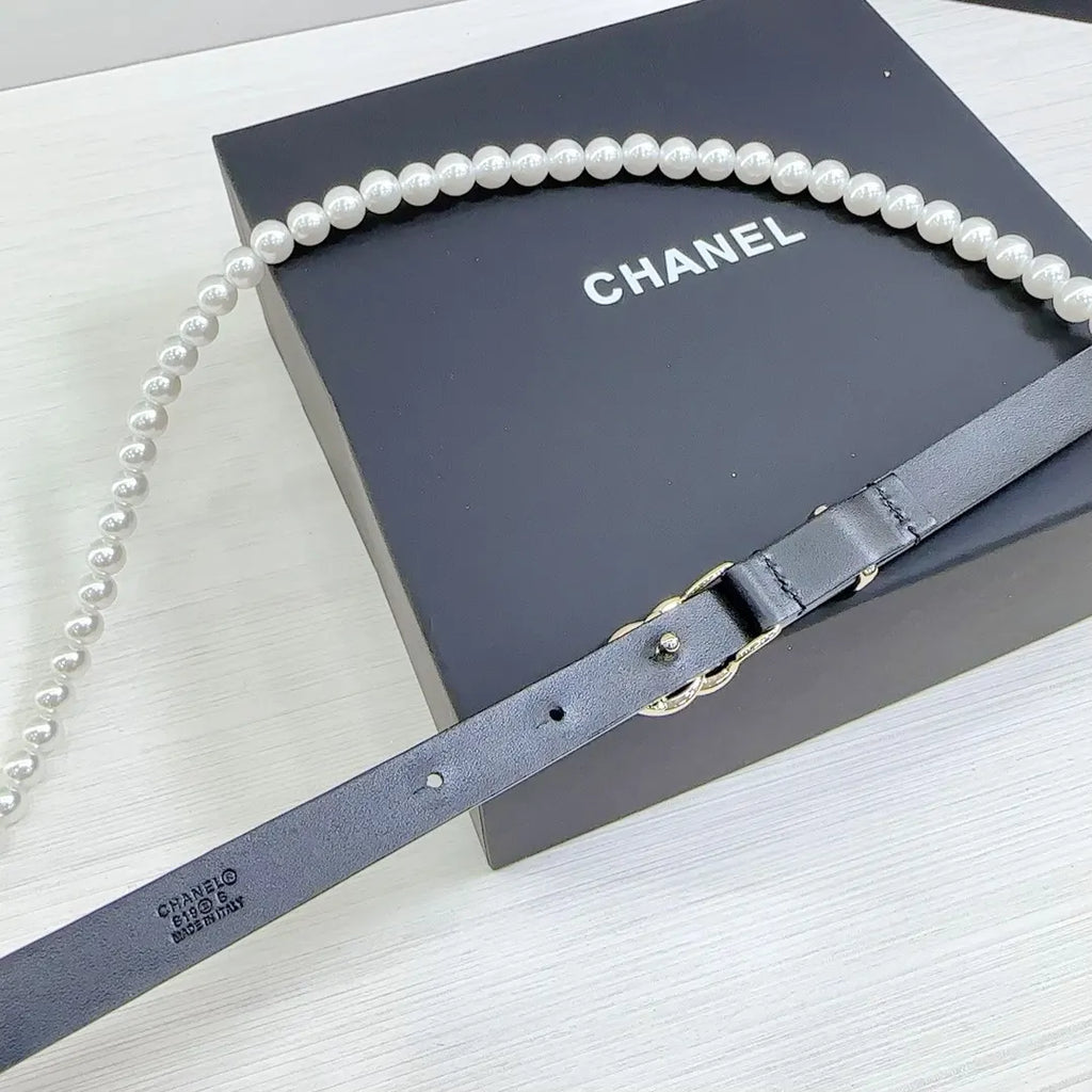 Chanel Pearl Black Leather Belt - Hình 9