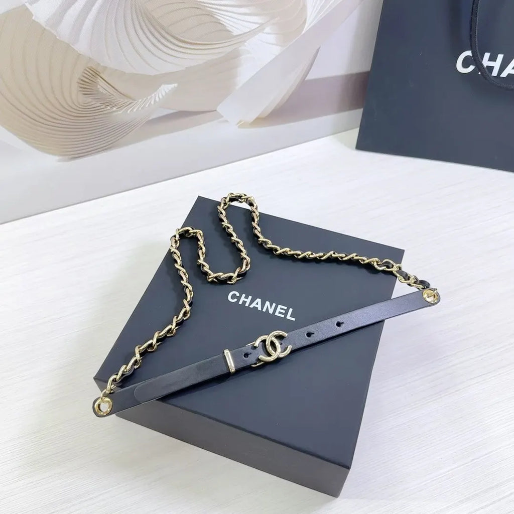 gold Chanel Black Leather Chain Belt - Hình 4