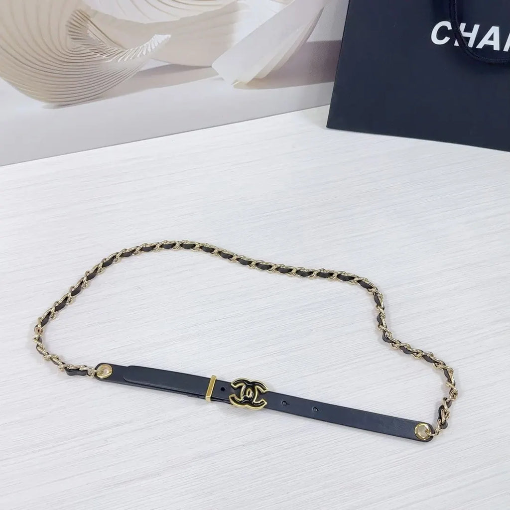 gold Chanel Black Leather Chain Belt