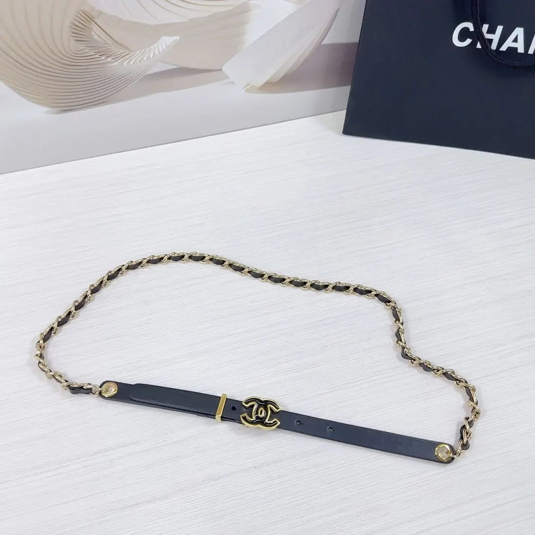 gold Chanel Black Leather Chain Belt