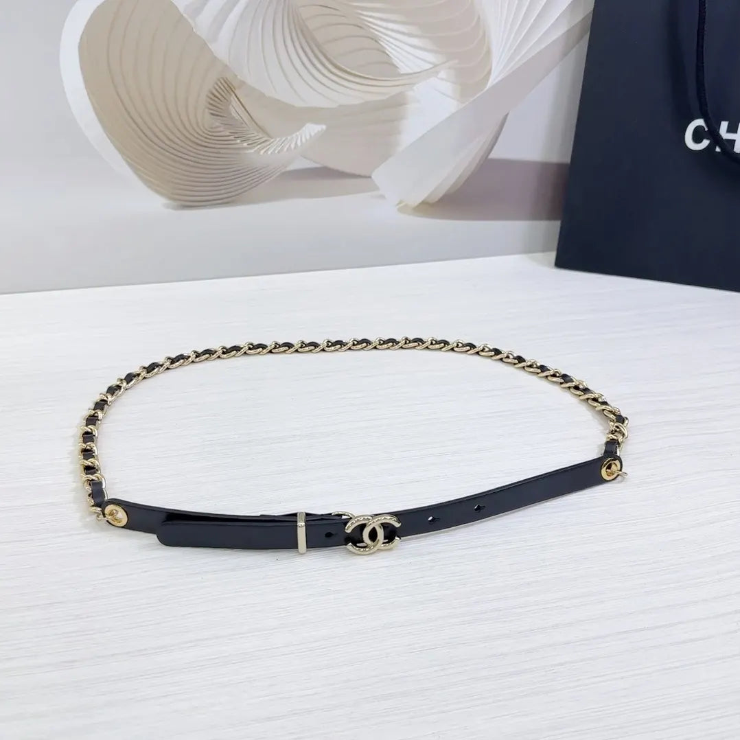 gold Chanel Black Leather Chain Belt - Hình 5