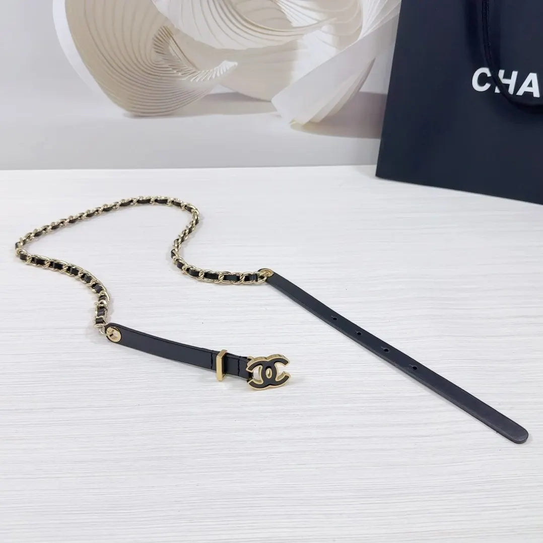 gold Chanel Black Leather Chain Belt - Hình 2