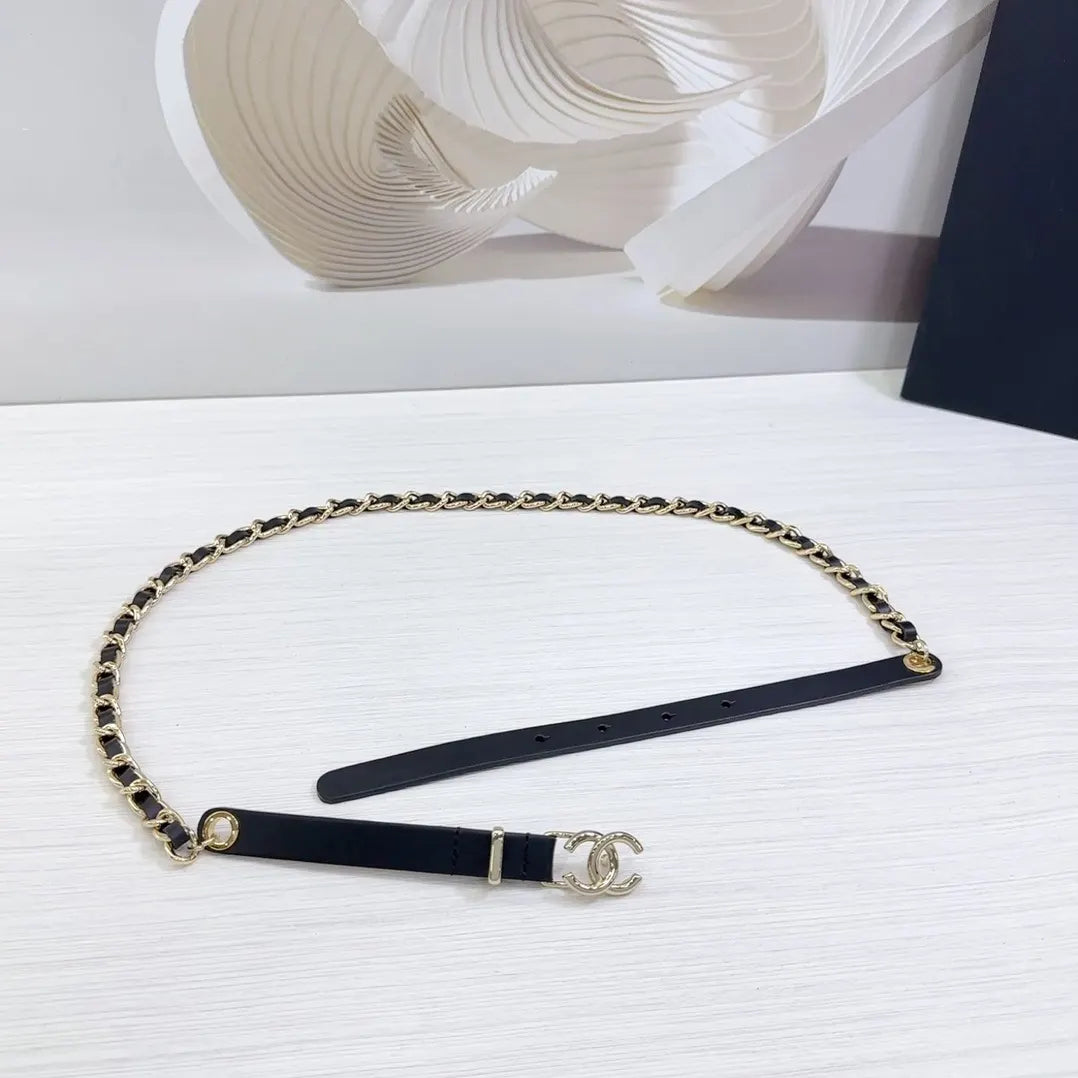 gold Chanel Black Leather Chain Belt - Hình 6
