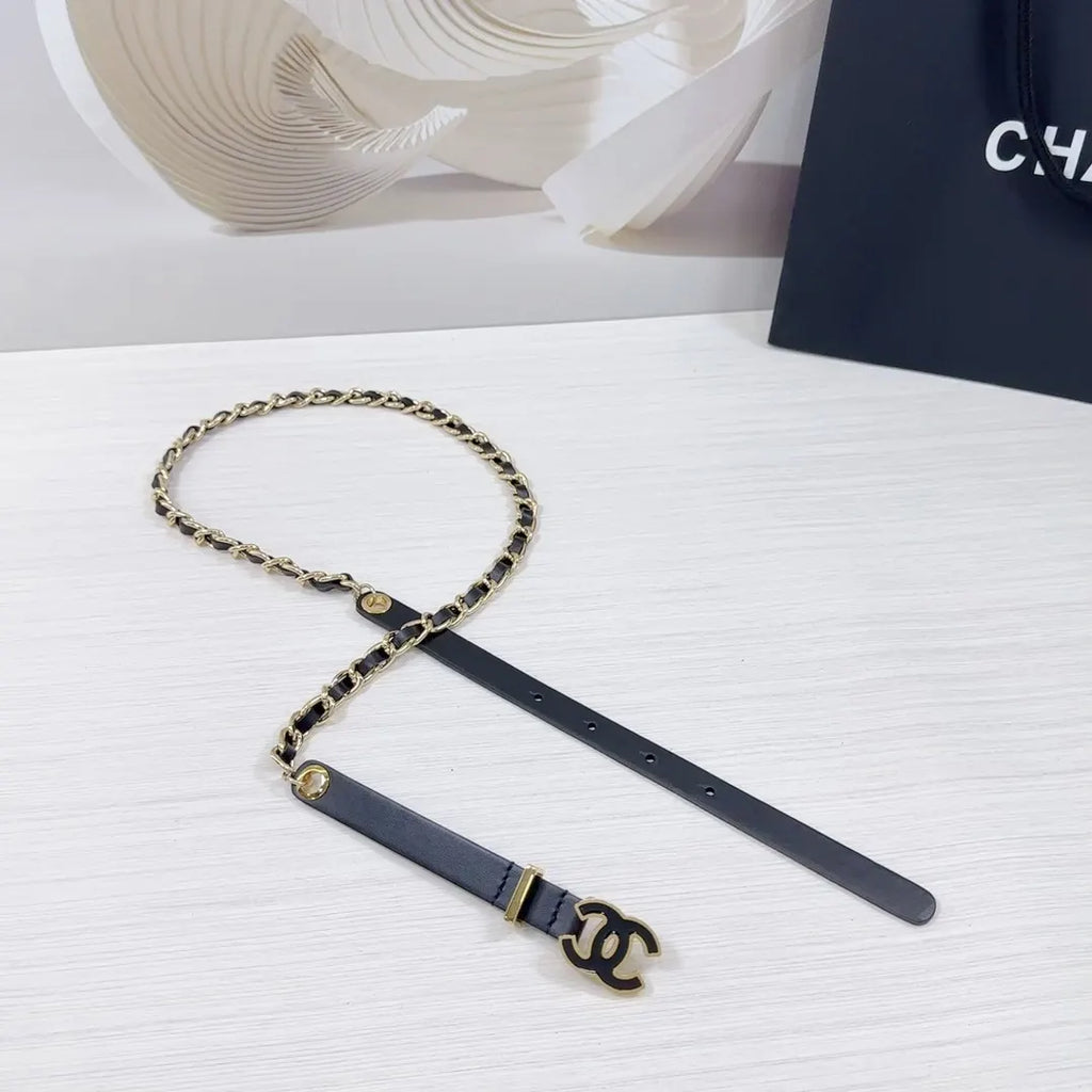 gold Chanel Black Leather Chain Belt - Hình 3