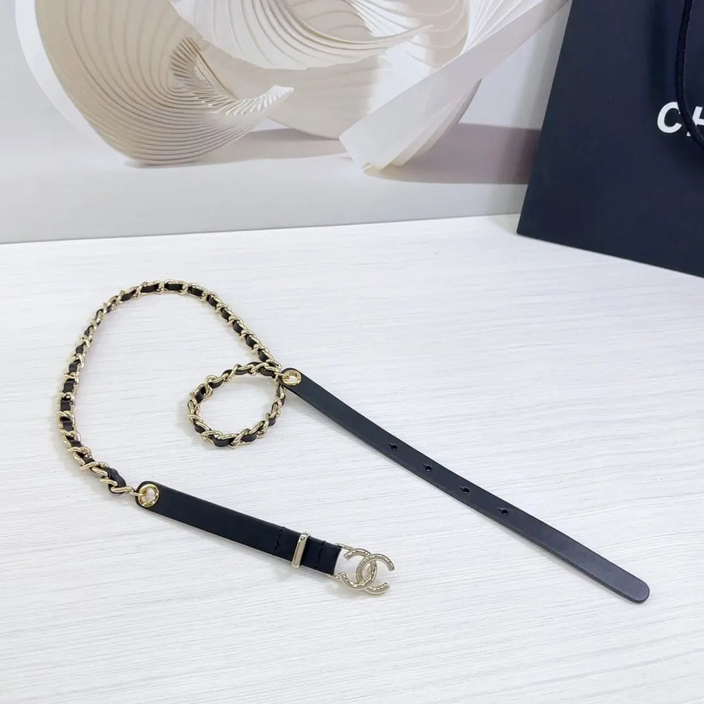 gold Chanel Black Leather Chain Belt - Hình 7