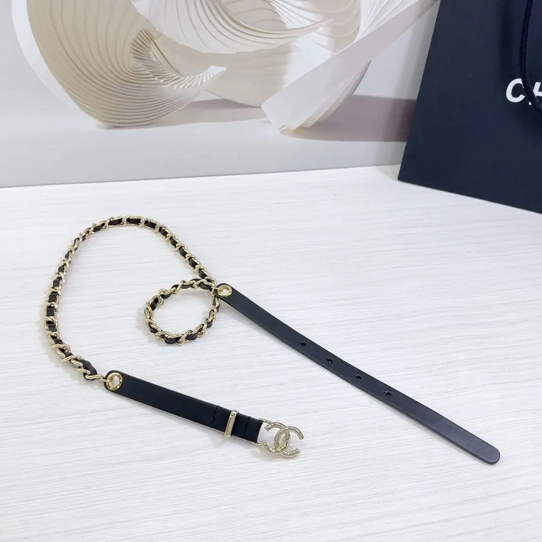 gold Chanel Black Leather Chain Belt - Hình 7