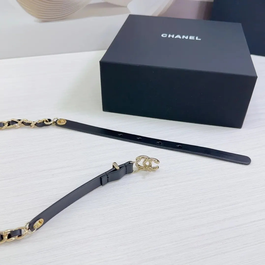 gold Chanel Black Leather Chain Belt - Hình 8