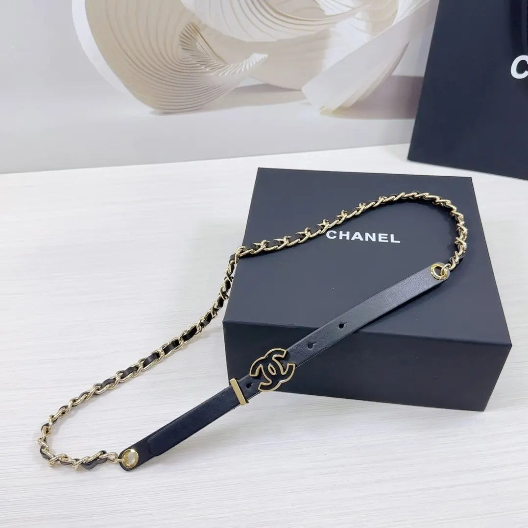 gold Chanel Black Leather Chain Belt - Hình 4