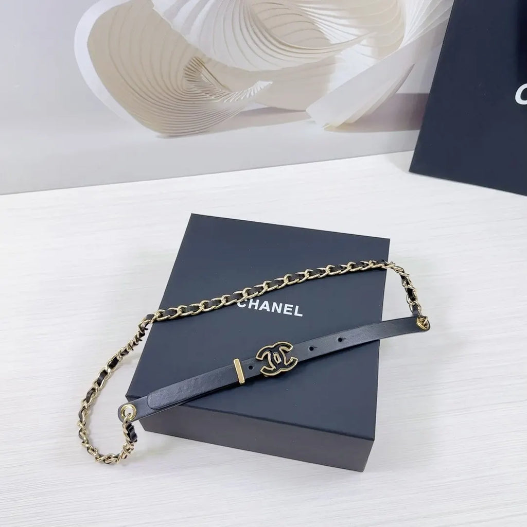 gold Chanel Black Leather Chain Belt - Hình 5