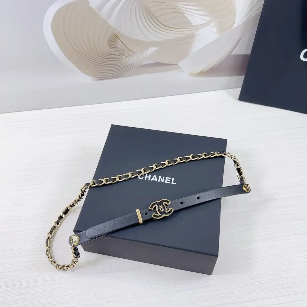 gold Chanel Black Leather Chain Belt - Hình 5