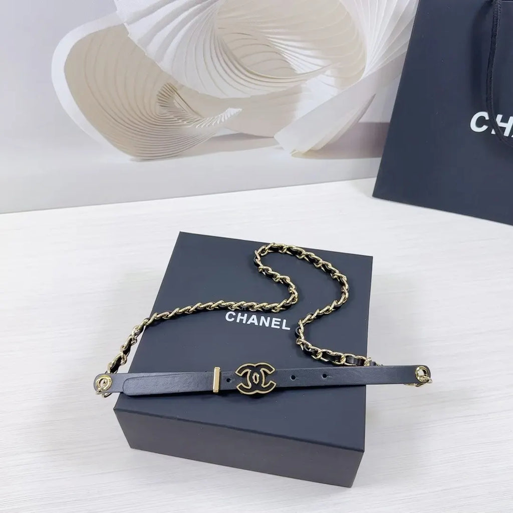 gold Chanel Black Leather Chain Belt - Hình 6