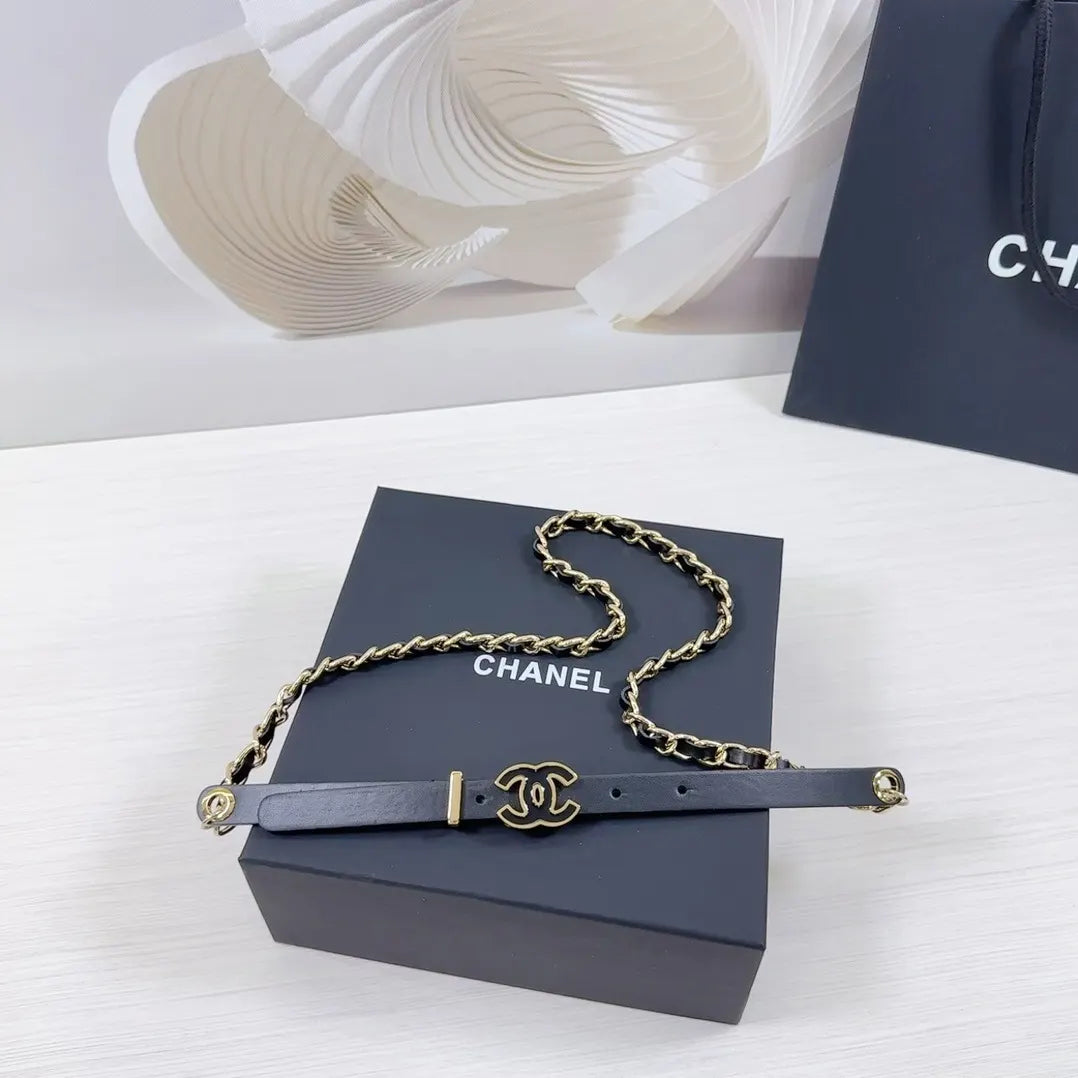 gold Chanel Black Leather Chain Belt - Hình 6