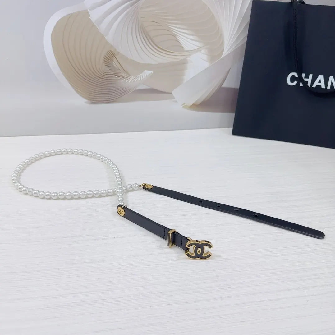 Chanel Black Leather Pearl Belt - Hình 2