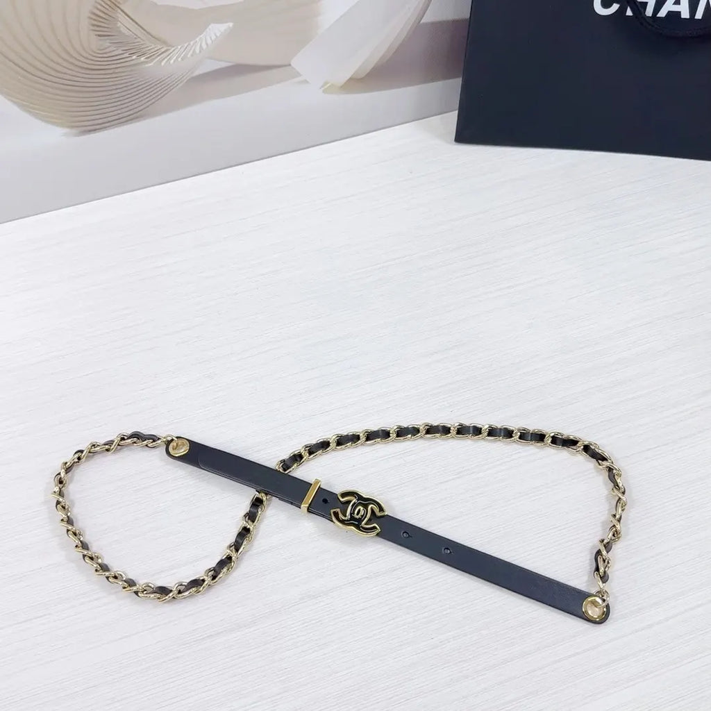 gold Chanel Black Leather Chain Belt - Hình 7