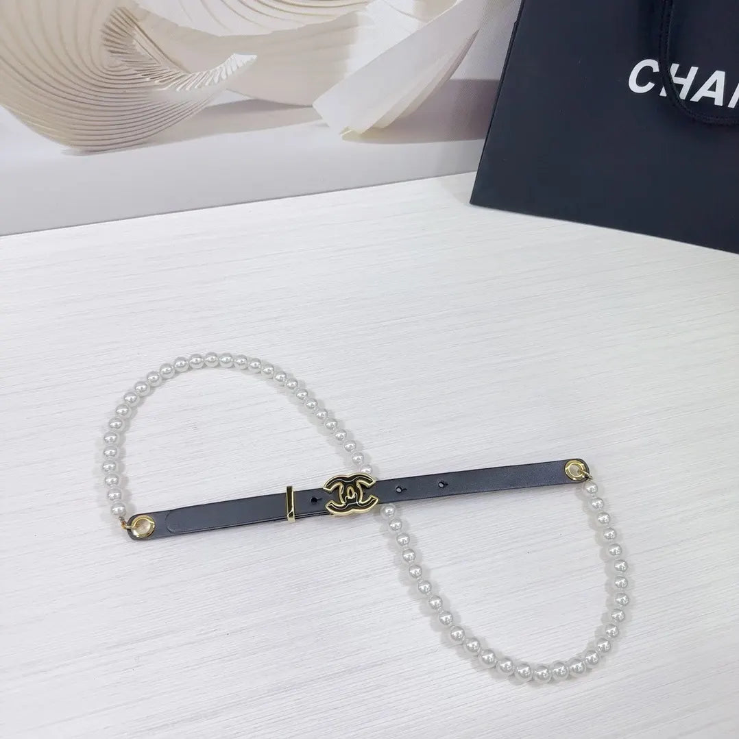 Chanel Black Leather Pearl Belt - Hình 3