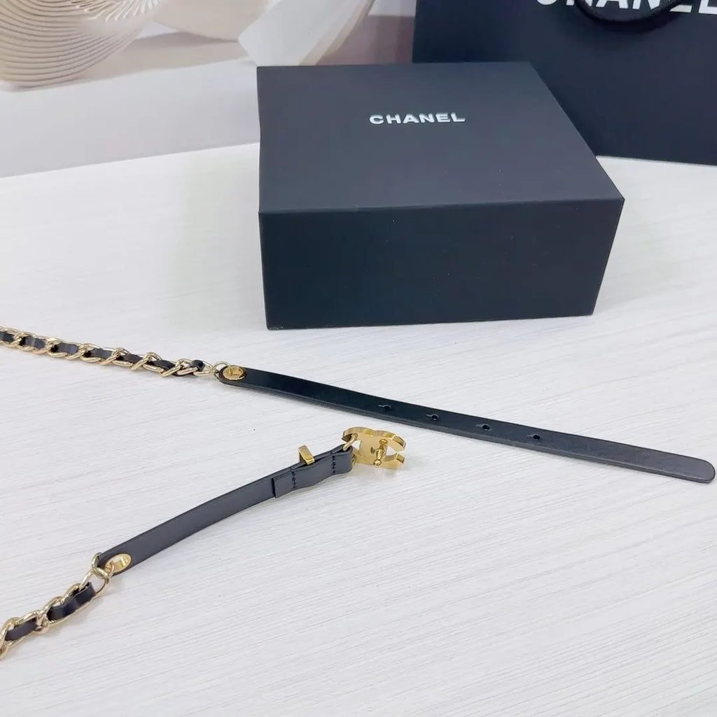 gold Chanel Black Leather Chain Belt - Hình 8