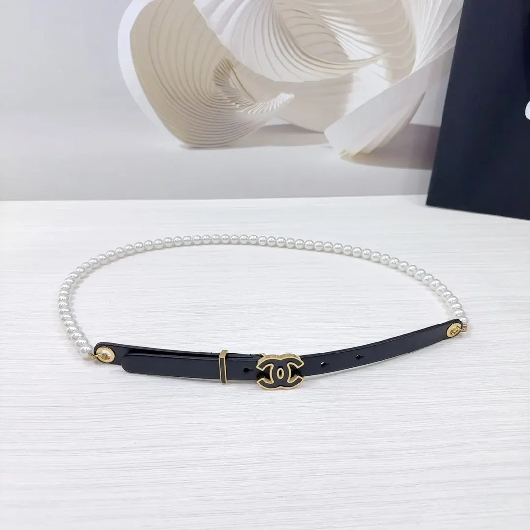 Chanel Black Leather Pearl Belt - Hình 4