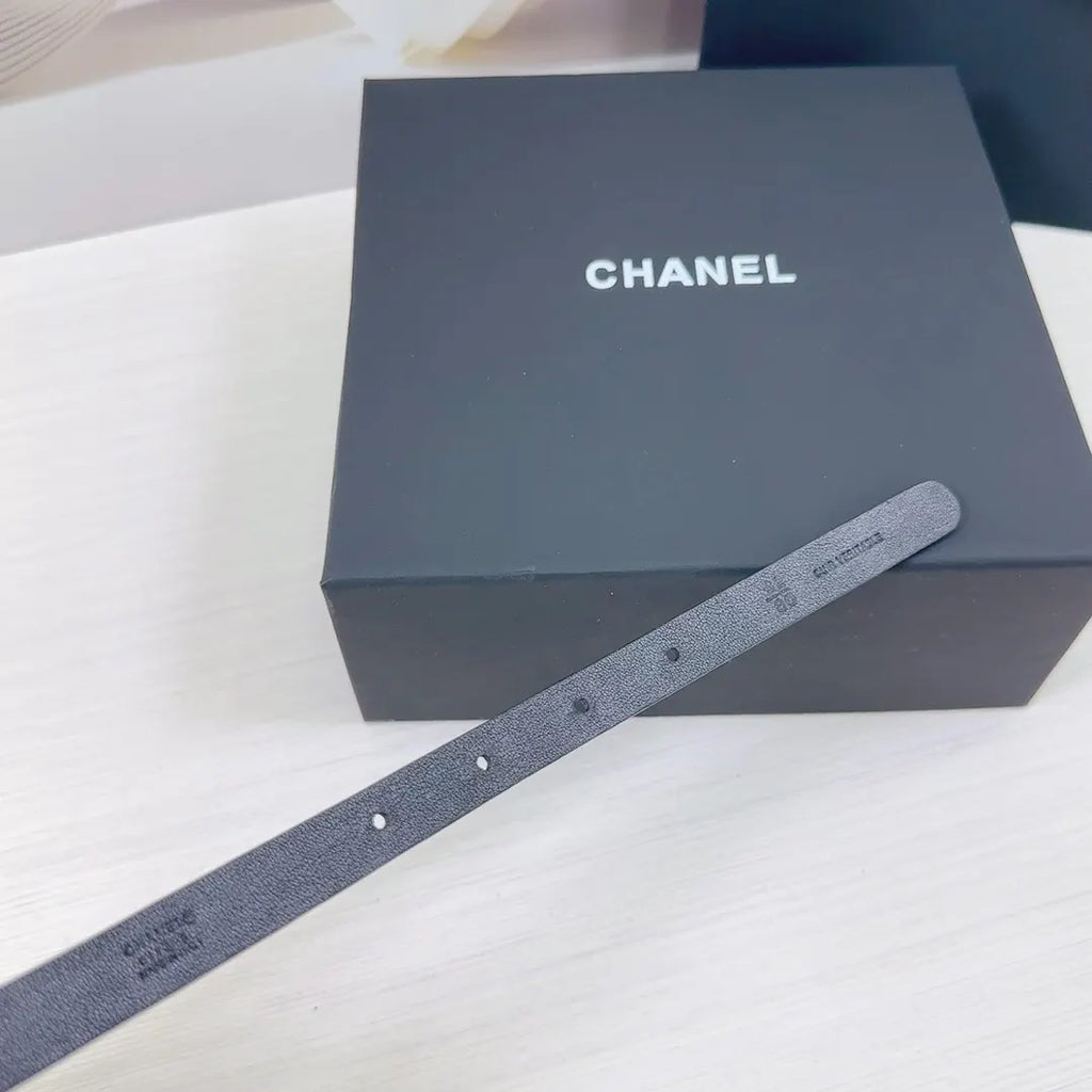 gold Chanel Black Leather Chain Belt - Hình 9