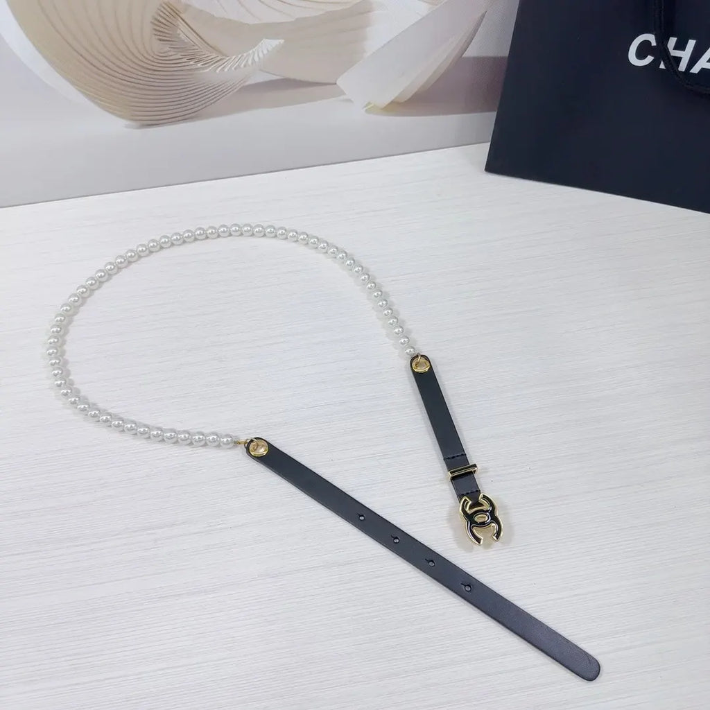 Chanel Black Leather Pearl Belt - Hình 5