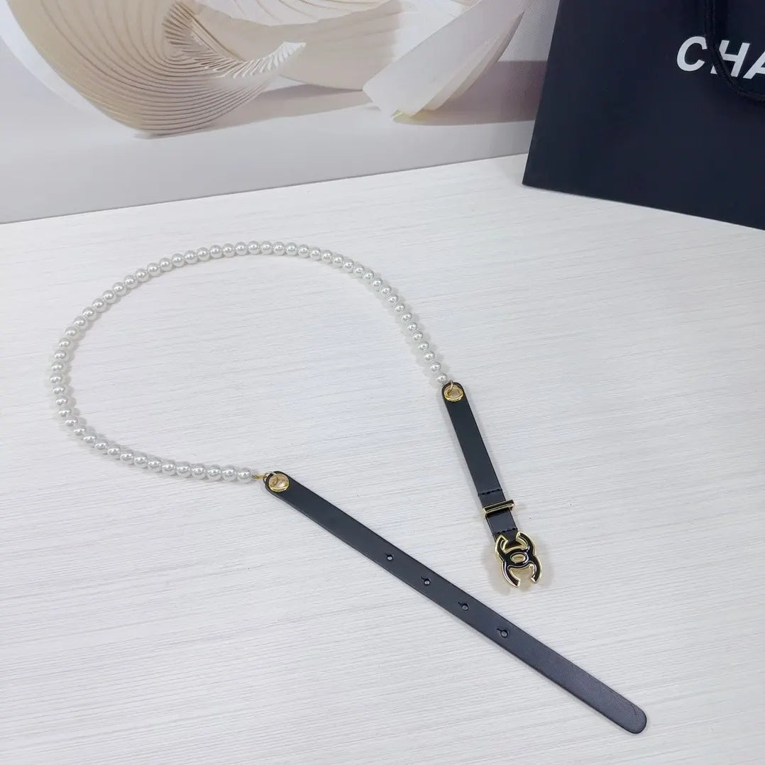 Chanel Black Leather Pearl Belt - Hình 5