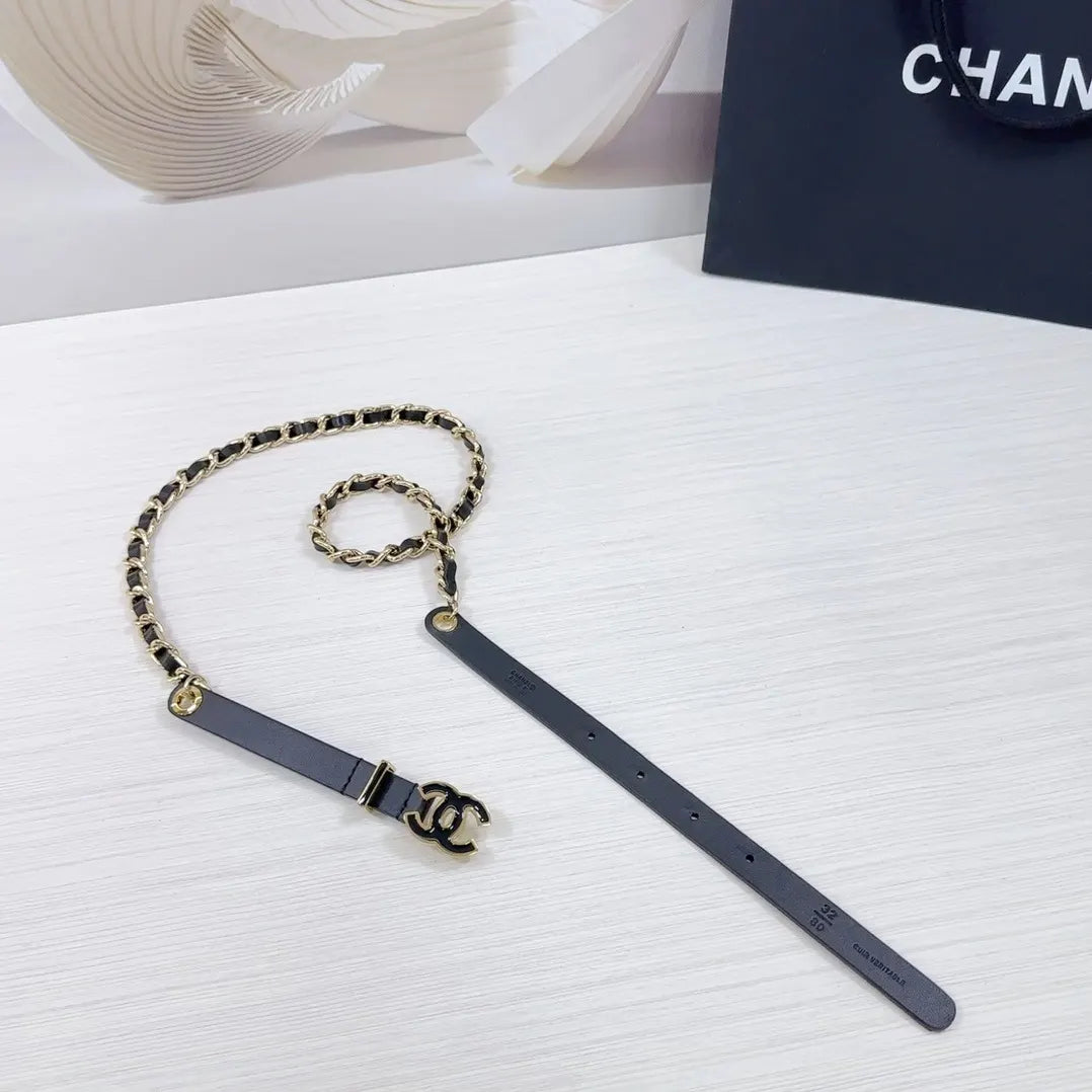 gold Chanel Black Leather Chain Belt - Hình 2
