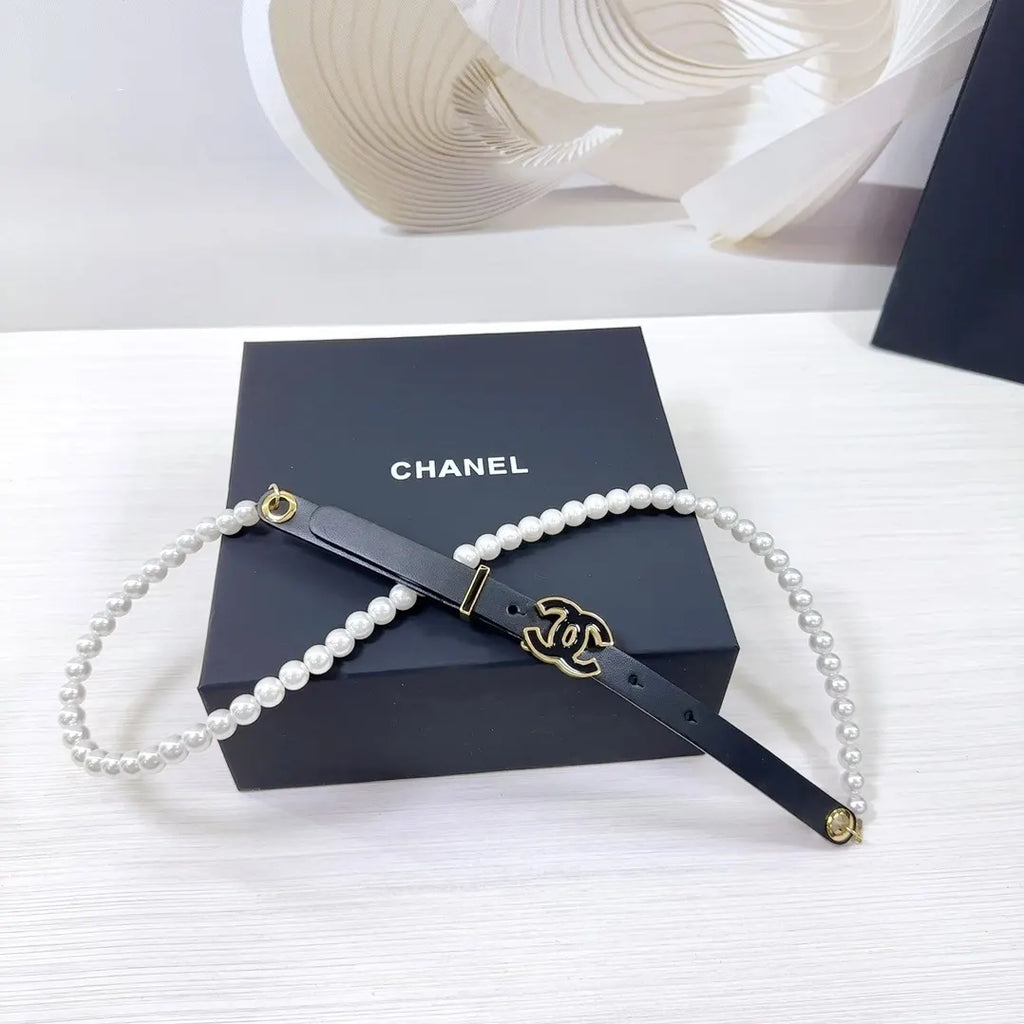 Chanel Black Leather Pearl Belt - Hình 6