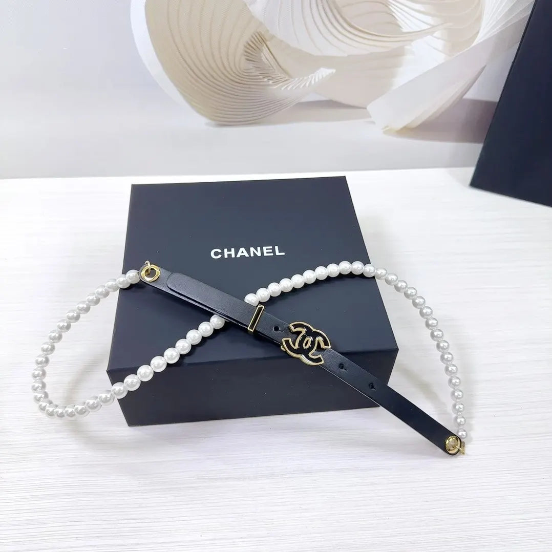 Chanel Black Leather Pearl Belt - Hình 6