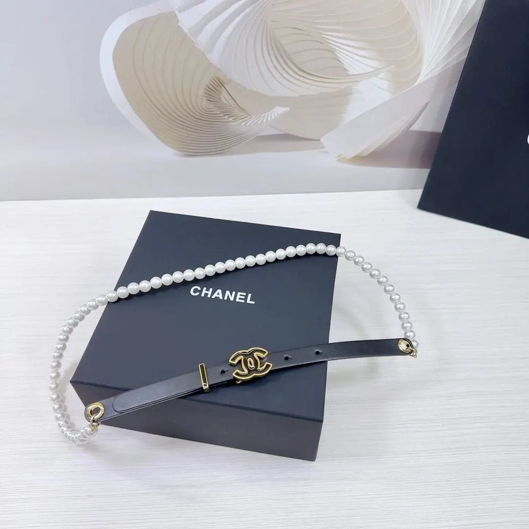 Chanel Black Leather Pearl Belt - Hình 7