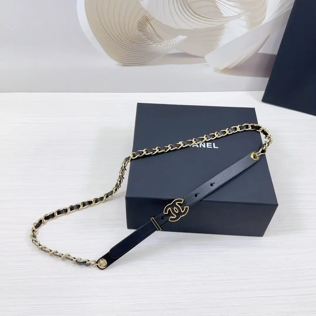 gold Chanel Black Leather Chain Belt - Hình 3