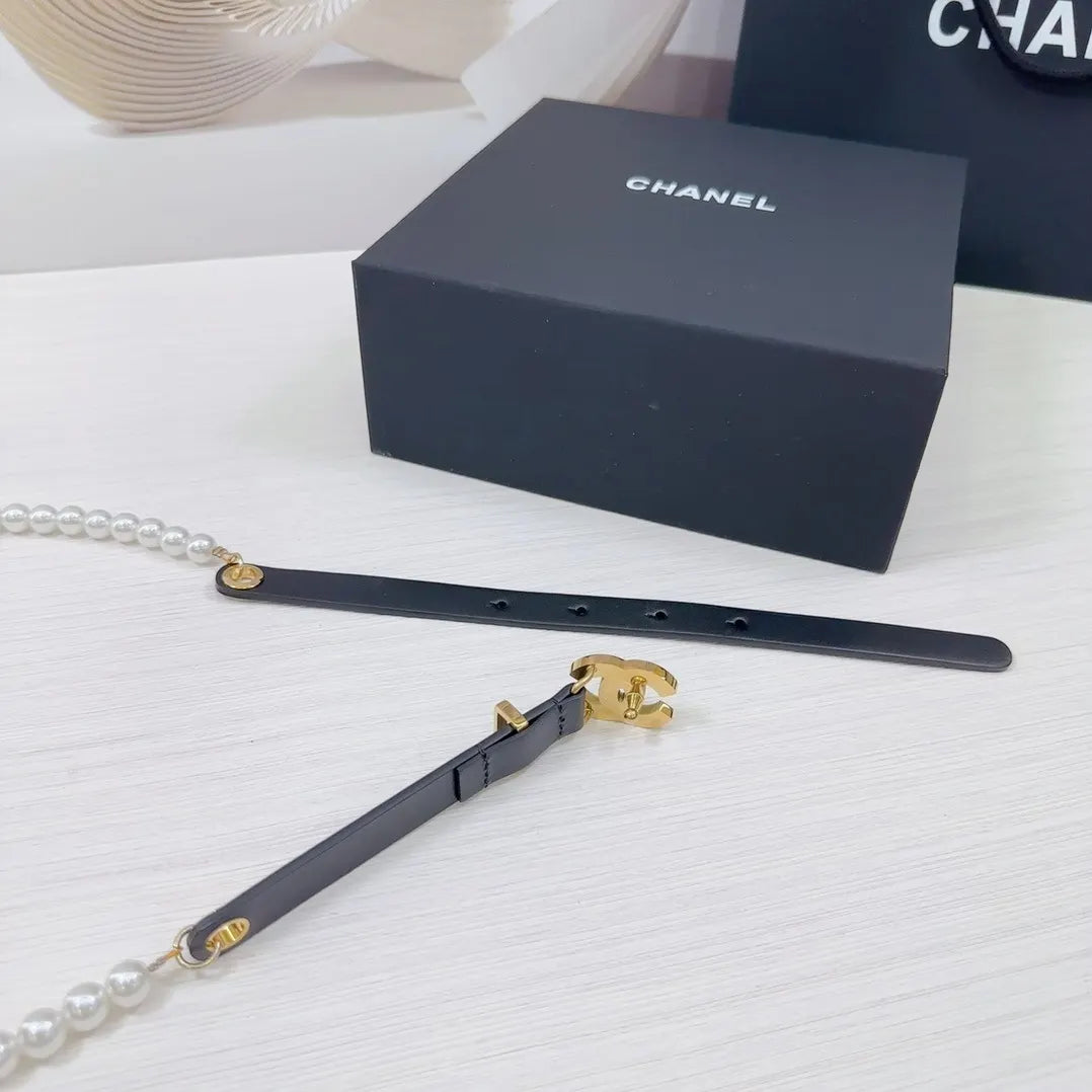 Chanel Black Leather Pearl Belt - Hình 8