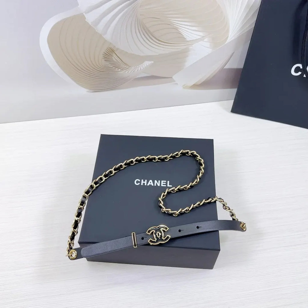 gold Chanel Black Leather Chain Belt - Hình 4